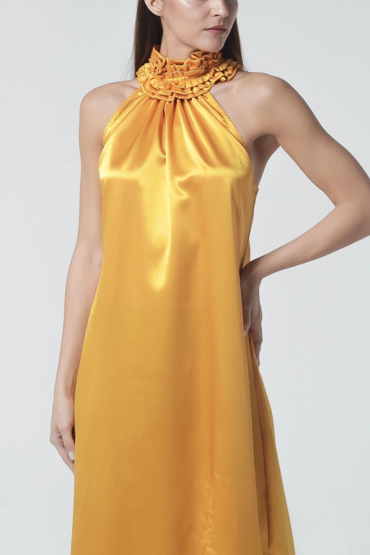 NOÈMIE MARIGOLD HIGH NECK MIDI DRESS 